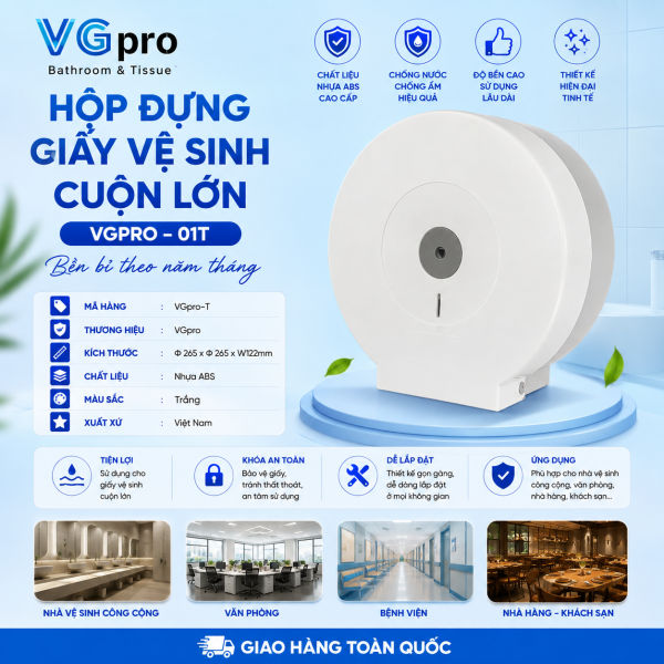HỘP ĐỰNG GIẤY VỆ SINH CUỘN LỚN VGPRO-01T – MÀU TRẮNG, BỀN ĐẸP, TIỆN DỤNG Hộp đựng giấy vệ sinh cuộn lớn VGpro-01T là dòng hộp treo tường chuyên dùng cho giấy vệ sinh công nghiệp cuộn lớn. Sản phẩm có thiết kế kín, chắc chắn, giúp bảo quản giấy sạch sẽ, hạn chế nước và bụi tác động vào giấy trong quá trình sử dụng. VGpro-01T được sản xuất tại Việt Nam, phù hợp lắp đặt tại công ty, nhà máy, trường học, bệnh viện, khách sạn, nhà hàng, tòa nhà và khu vệ sinh công cộng.