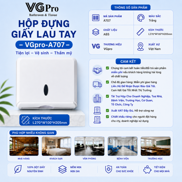 Hộp đựng giấy lau tay VGpro-A707 màu trắng sứ, lắp đặt treo tường chắc chắn. Hộp có thiết kế gọn, khung hộp chắc chắn và có thể đựng được 1 đến 2 túi giấy lau. Mã sản phẩm A707 Mầu sắc Trắng Chất liệu ABS Kích thước L270*W100*H205mm Thương hiệu VGpro Xuất xứ Việt Nam