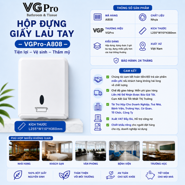 Hộp đựng giấy lau tay A808 sản phẩm thông dụng được nhiều đơn vị tin dùng. Đây là sản phẩm hộp có kích thước lớn, khả năng đựng giấy nhiều hơn loại hộp đơn. Không giống nhiều sản phẩm hộp đựng giấy bằng nhựa khác. Hộp đựng A808 được thiết kế lớn toàn thân hộp mầu trắng sữa rất trang nhã.
