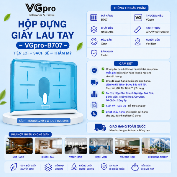 Hộp đựng giấy lau tay B707 chất liệu ABS bền đẹp, có khóa an toàn, khóa chắc chắn dùng để đựng giấy lau tay gấp 2, gấp 3, hợp với mọi không gian Hộp đựng giấy lau tay B707 chất liệu ABS bền đẹp, có khóa an toàn, khóa chắc chắn dùng để đựng giấy lau tay gấp 2, gấp 3, hợp với mọi không gian của bạn. Mẫu này có 2 màu cơ bản: xanh và trắng để bạn lựa chọn của bạn. Mẫu này có 2 màu cơ bản: xanh và trắng để bạn lựa chọn