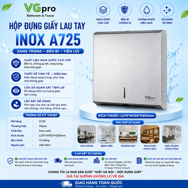 Hộp đựng giấy lau tay inox A725 chất liệu inox bền Dùng để đựng giấy lau tay gấp 2, gấp 3, hộp đứng nên đựng được nhiều giấy hơn 300 tờ/hộp. Phù Hộp đựng giấy lau tay inox VGpro-A725 chất liệu inox bền, inox 304 không gỉ. Dùng để đựng giấy lau tay gấp 2, gấp 3, hộp đứng nên đựng được nhiều giấy hơn 300 tờ/hộp. Phù hợp với mọi không gian của bạn. hợp với mọi không gian của bạn. Loại hộp lau tay này đựng được nhiều giấy lau tay nhất trên thị trường
