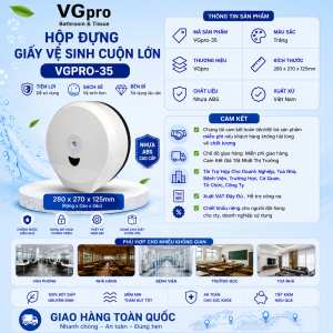 Hộp đựng giấy vệ sinh cuộn lớn VGpro-35 sản phẩm hộp đựng bằng nhựa, kiểu dáng đẹp. Mã hộp có kiểu dáng đẹp thích hợp với nhiều không gian vệ sinh khác nhau. Giới thiệu hộp đựng giấy vệ sinh cuộn lớn VGpro-35 Trên thị trường có rất nhiều mã hộp đựng giấy khác nhau, đặc điểm thiết kế có xấu đẹp khác nhau. Với mong muốn quý khách có thêm thông tin về sản phẩm hộp đựng giấy VGpro-35. Trong bài viết này chúng tôi xin cung cấp tới quý khách một vài thông tin về sản phẩm. Hộp đựng giấy công nghiệp VGpro-35 được sản xuất theo kiểu dáng hình giọt nước, kiểu dáng đẹp phù hợp với nhiều không gian khác nhau. Hộp được thiết kế 2 phần khác nhau. Mặt trước bao gồm toàn bộ mặt phía trước và chiều cạnh hộp liền cùng khối. Mặt sau chủ yếu giữ chức năng như khung của hộp cũng như lắp đặt treo tường.