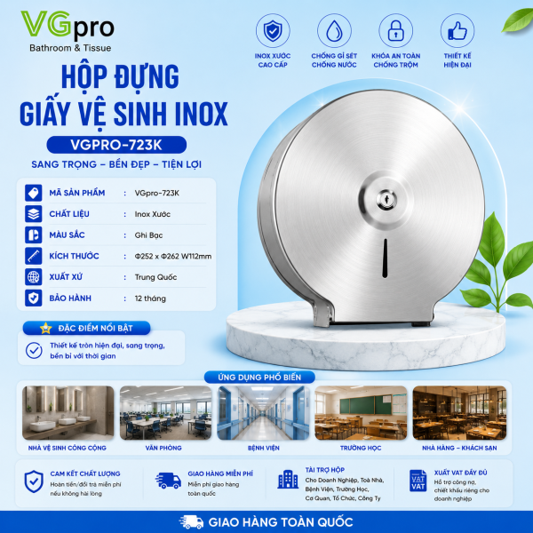 Hộp đựng giấy vệ sinh inox VGpro-723K độ bền vượt trội, kiểu dáng chuyên nghiệp, thiết kế an toàn. Giới thiệu hộp đựng giấy vệ sinh inox VGpro-723K bóng gương Hộp 723K có thiết kế hình hộp tròn, độ sáng bóng cao như một tấm gương. Với thiết kế bóng gương tạo ấn
