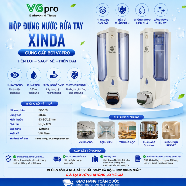 Hộp đựng nước rửa tay Xinda là một sản phẩm dùng chứa đựng dung dịch làm sạch. Bạn có thể sử dụng hộp đựng dung dịch nước rửa tay, nước rửa chén bát, dầu gội… Thiết kế hộp đựng nước rửa tay xinda cung cấp bởi VGpro hàng chính hãng không lo bảo hành. Bảo hành 1 năm lỗi 1 đổi 1