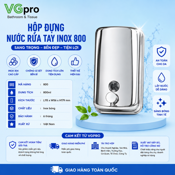 Hộp đựng nước rửa tay inox 800 là sản phẩm chuyên dùng đựng nước rửa tay, dầu gội, sữa tắm. Mặt hàng được thiết kế đẹp, kiểu dáng trang nhã phù hợp không gian sang trọng. Thiết kế hộp đựng nước rửa tay inox 800 Hộp đựng nước dung dịch làm sạch 800 được làm 100% từ inox bóng rất sang. Với thiết kế thân dạng hộp góc được bo tròn, trơn tru rất thuận mắt.