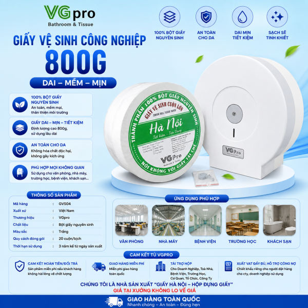 Giấy vệ sinh công nghiệp 800g 700g 500g 600g sản phẩm giấy lớn thông dụng, nhiều giấy rất tiết kiệm. Giống như mọi sản phẩm giấy lớn khác, đây là mặt hàng chuyên dụng. Tổng quan giấy vệ sinh cuộn lớn 800g phục vụ khu công nghiệp Giấy cuộn lớn công nghiệp 800g là sản phẩm được chúng tôi cung cấp toàn quốc. Đến với chúng tôi quý khách được nhận ưu đãi rất lớn về giá thành. Trên thực tế sản xuất việc cuộn giấy Hà Nội 500g, 600g, 700g hay 800g hoàn toàn không ảnh hưởng chất lượng giấy. Chúng tôi cung cấp giấy từ nhà máy tới tay người tiêu dùng bỏ qua trung gian vì vậy giá thành với chúng tôi luôn ưu đãi. Vì sao giấy vệ sinh công nghiệp 800g phù hợp với khu công nghiệp?