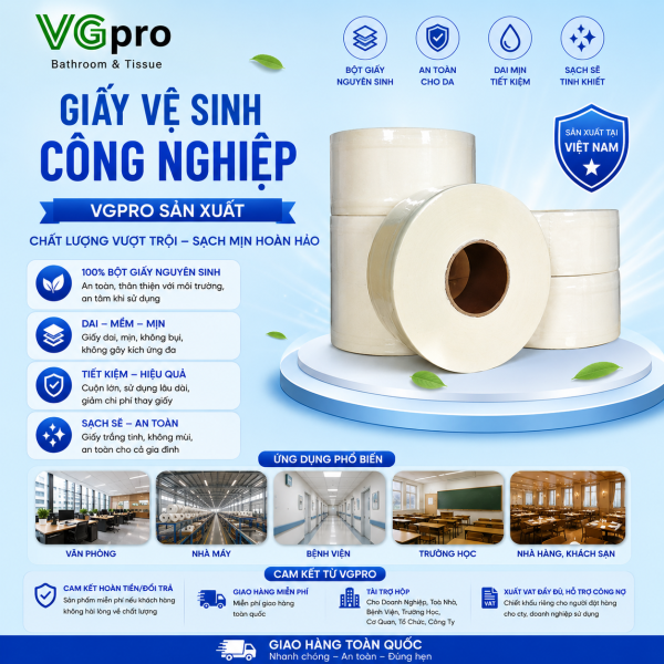 Giấy vệ sinh cuộn lớn Hà Nội VGpro hay giấy công nghiệp nói chung là loại giấy kích thước lớn, nhiều giấy. Sản phẩm giấy lớn có ưu điểm hữu dụng cho nhu cầu sử dụng tại những nơi có đông người. Đôi nét chi tiết giấy vệ sinh công nghiệp cuộn lớn Hà Nội 500g Giấy cuộn Hà Nội 500g được sản xuất từ bột giấy nguyên sinh cho ra thành phẩm giấy mềm, mịn, dai. Từ nguyên liệu sản xuất tốt nên sau khi sử dụng sản phẩm cũng không gây hại tới môi trường, đặc biệt dễ tan trong nước.