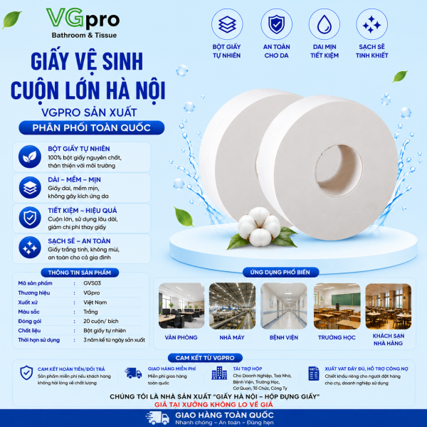 Giấy vệ sinh cuộn lớn Hà Nội 700 800 600 500 gam là loại giấy lớn, nhiều giấy được tính theo trọng lượng. Ngoài giấy 700 gam thông dụng, bạn cũng có thể lựa chọn giấy từ 500 gam tới 1000 gam. Giới thiệu chung Giấy vệ sinh cuộn lớn HÀ NỘI 700 gam Sản phẩm giấy vệ sinh lớn không còn xa lạ với nhiều công ty, nhà máy xí nghiệp… Tuy là vậy, nhưng đây vẫn là một dòng giấy mới có mặt trên thị trường tiêu dùng. Giấy cuộn lớn được sản xuất, phân phối tới người tiêu dùng được tính bằng trọng lượng sản phẩm. Bao gồm: Giấy vệ sinh cuộn 500 gam loại nhỏ nhất; Giấy vệ sinh công nghiệp 600 gam (giấy cuộn lớn hay còn được gọi là giấy công nghiệp); Giấy cuộn 700 gam; Giấy vệ sinh cuộn lớn 800 gam, 900 gam và giấy có trọng lượng lớn nhất 1kg.
