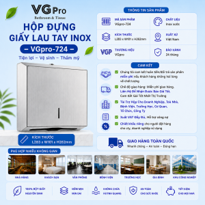 Hộp đựng giấy lau tay inox VGpro-724 một sản phẩm có độ bền cao, khung hộp rất chắc chắn. Đây có thể xem là lựa chọn số 1 cho những khuôn viên vệ sinh công cộng. Giới thiệu sơ lược hộp đựng giấy lau tay inox A724 VGpro Hiện này, các cơ quan nhà máy, xí nghiệp, tòa nhà, trung tâm thương mại…. đều chú trọng tới an toàn vệ sinh. Chính vì vậy nhiều nơi lắp đặt thêm các dòng hộp đựng giấy phù hợp nhu cầu sử dụng. Mã sản phẩm VGpro-724 Mầu sắc Inox xước Chất liệu ABS Kích thước L283xW101xH262mm. Thương hiệu VGpro Xuất xứ Việt Nam Hộp đựng giấy VGpro-724 là một trong số những loại hộp chuyên dùng đựng giấy lau tay. Hộp có bề ngoài khá lớn, thiết kế vuông vắn, đường nét rõ ràng, độ bền rất tốt.