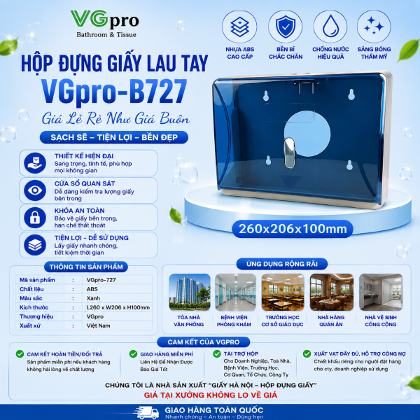 Hộp đựng giấy lau tay B727 dòng hộp giá rẻ nhận bán buôn, bán lẻ toàn quốc. Đây là mặt hàng phổ thông được nhiều đơn vị sử dụng tin dùng. Giới thiệu hộp đựng giấy lau tay VGpro B727 Mã sản phẩm VGpro-727 Mầu sắc Xanh Chất liệu ABS Kích thước L270*W100*H205mm Thương hiệu VGpro Xuất xứ Việt Nam Thị trường tiêu dùng dòng sản phẩm hộp đựng giấy có nhiều loại, nhiều thương hiệu, kiểu dáng.Xin giới thiệu với quý khách các thông số, chi tiết, cấu tạo hộp B727.