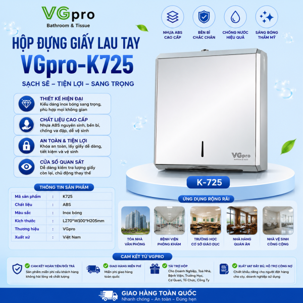 Hộp đựng giấy lau tay inox K725 kích thước lớn phù hợp khu chế xuất, công xưởng, nhà máy. Đây là hộp có kích thước lớn nhất trong họ hộp đựng giấy lau tay. Mã sản phẩm VGpro-725 Mầu sắc inox bóng Chất liệu ABS Kích thước L270*W100*H205mm Thương hiệu VGpro Xuất xứ Trung Quốc Lợi ích khi sử dụng hộp đựng giấy lau tay VGpro K725 Các sản phẩm được sinh ra nhằm phục vụ cho nhu cầu sử dụng của con người. Mỗi sản phẩm đều có những lợi ích của riêng nó. Để quý khách hiểu rõ hơn về sản phẩm hãy tham khảo ngay những lợi ích của chúng dưới đây: Sử dụng tiện ích, thích hợp nơi công cộng cũng như sử dụng trong điều kiện gia đình; Độ bền cao, rất phù hợp để sử dụng trong lâu dài nên giá thành tuy đắt nhưng rẻ; Hộp có khóa bảo vệ đảm bảo giữ giấy trong hộp, tránh lãng phí; Sử dụng trong doanh nghiệp sẽ hiệu quả hơn do tiết kiệm nhiều thời gian thay giấy mỗi lần; Nâng cao tính thẩm mỹ, sự tiện nghi cho doanh nghiệp.
