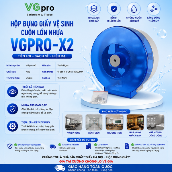 Hộp đựng giấy vệ sinh cuộn lớn nhựa VGpro-X2 sản phẩm thông dụng, tiện ích. Đây là sản phẩm được sản xuất trong nước nhằm đáp ứng nhu cầu tiêu dùng thiết thực hiện nay.