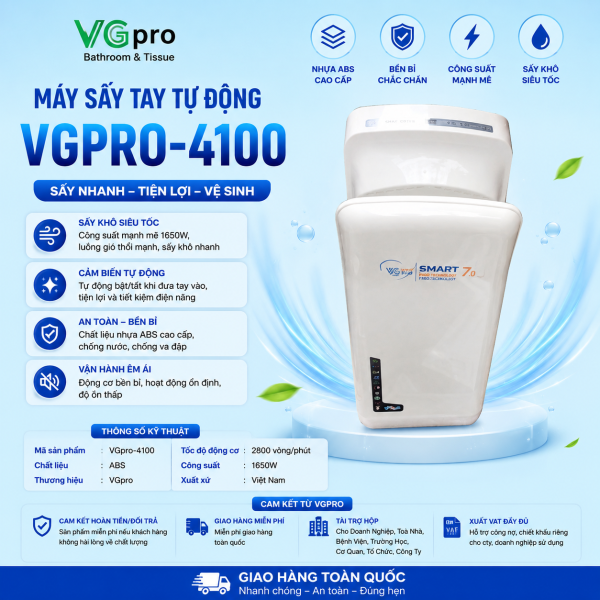 Máy sấy tay tự động VGpro-4100 là dòng sản phẩm máy công suất lớn, làm khô nhanh. Kích thước lớn, công suất cao, làm khô nhanh hoàn toàn tự động là ưu điểm của dòng sản phẩm. Đôi nét về sản phẩm máy sấy tay tự động VGpro-4100 Để đáp ứng cuộc sống ngày một tiện nghi hơn nhiều thiết bị được sản xuất và ứng dụng. Trong nhiều thiết bị đó dòng máy sấy tay tự động chắc hẳn không xa lạ với văn phòng, tòa nhà, siêu thị, bệnh viện…
