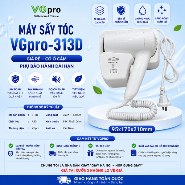 Máy sấy tóc VGpro-313D dòng máy sấy đặc biệt phù hợp sử dụng tại khách sạn, khu nghỉ dưỡng… Sản phẩm được thiết kế chắc chắn, kiểu dáng nhã nhặn, nhiều chế độ gió và có ổ cắm phụ. Máy sấy tóc (có tên tiếng anh: Hairdryer) là một thiết bị cơ điện ra đời cuối thế kỷ 19 đầu thế kỷ 20. Máy thổi hơi nóng trực tiếp vào mái tóc ướt để đẩy nhanh quá trình bốc hơi nước, làm khô tóc. Đôi nét giới thiệu máy sấy tóc VGpro-313D Đáp ứng cho nhu cầu trong cuộc sống, rất nhiều loại máy sấy tóc được sản xuất. Trong nhiều mẫu hiện có trên thị trường chúng tôi xin giới thiệu máy sấy tóc 313D. Đây là một dòng máy được sản xuất nhắm tới đối tượng sử dụng tại gia đình, khách sạn, khu nghỉ dưỡng. Tiêu chuẩn chống thấm nước IPX1 – Có Ổ cắm phụ Tần số 50-60HZ Điện áp 220V