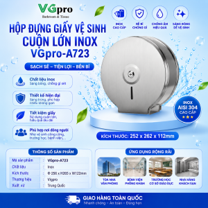Hộp đựng giấy vệ sinh inox VGpro-A723, hộp lớn, độ bền cao, thích hợp sử dụng nơi công cộng. Hộp được thiết kế treo tường chắc chắn có khóa bảo vệ chống tình trạng “chôm chôm” giấy. Đôi nét giới thiệu hộp đựng giấy inox A723 Thị trường tiêu dùng hộp đựng giấy vệ sinh có nhiều loại, có mã hộp lớn cũng có mã hộp nhỏ. Trong số những mã hộp lớn có độ bền cao, chúng tôi giới thiệu hộp inox VGpro-723.