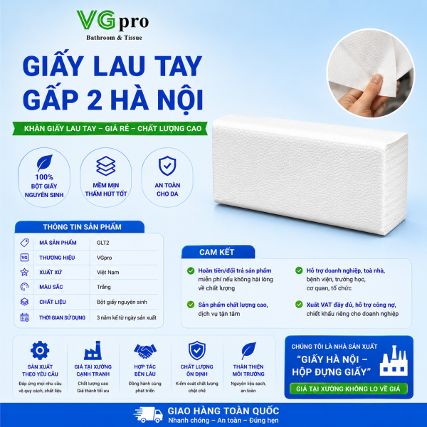Giấy Lau Tay Gấp 2 Hà Nội sử dụng trong nhà bếp để lau bếp, hoặc sử dụng trong nhà vệ sinh các tòa nhà, văn phòng, khách sạn, nhà hàng, trường học, bệnh viện….. Kích thước GIẤY LAU TAY VGpro này thông dụng vừa tất cả các HỘP ĐỰNG GIẤY LAU TAY TAY trên thị trường Kích thước : 100 tờ/ gói xếp so le, giấy 2 lớp mềm KT: 190 x 210 Định lượng: 21g Sản xuất tại Việt Nam KHĂN GIẤY LAU TAY HÀ NỘI VGpro hiện diện ngày càng nhiều trong đời sống hiện đại. Mọi người có sử dụng khăn giấy lau tay và lau mặt thay cho các loại khăn bằng bông, vải. Khi sử dụng khăn giấy lau tay sẽ giúp bạn lau sạch bụi bẩn, thức ăn và dầu mỡ …khiến bạn cảm thấy thoải mái như ở nhà. Khăn Giấy Lau Tay Giá Rẻ Ship Toàn Quốc – GIẤY LAU TAY hai lớp VGpro, mềm mại khi sử dụng, thấm nước nhanh, có thể tái sử dụng để lau dầu mỡ trên bếp sau khi thấm nước sau rửa tay. Đảm bảo dai không mủn sau khi sử dụng. KHĂN LAU TAY này được sử dụng làm GIẤY LAU BẾP tiện lợi – sản phẩm tiện lợi – giá rẻ – chất KHĂN GIẤY LAU TAY rất mềm, không thô ráp – màu trắng làm từ 100% bột giấy – an toàn, vệ sinh – hàng công ty sản xuất chất đẹp, giá mềm ạ