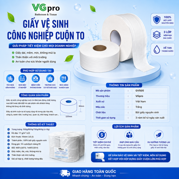 Giấy vệ sinh công nghiệp cuộn to đảm bảo đúng chất lượng, cam kết hoàn tiền/đổi trả sản phẩm nếu khách hàng không hài lòng về chất lượng. Giấy vệ sinh cuộn to sử dụng rộng rãi trong các tòa nhà, công ty, bệnh viện, trường học, quán xá, nhà hàng, khách sạn… Tổng quan giấy vệ sinh công nghiệp cuộn to trên thị trường Giấy công nghiệp cuộn to được đóng gói theo trọng lượng sản phẩm. Phổ biến được đóng gói theo quy chuẩn trọng lượng, 500g, 600g, 700g, 800g, 900g và cuộn 1kg. Sản phẩm đóng gói theo bịch, một bịch 20 cuộn, quý khách có nhu cầu sử dụng, chúng tôi nhận giao ngay tại Hà Nội. Một vài thông số sản phẩm giấy cuộn công nghiệp cuộn to: Trọng lượng: 500g/600g/700g/800g (+_10g) Độ dầy 17 g/m2 (+_2); Kích thước : 90 mm(+_0,5); Thành phần 100% nguyên liệu từ bột giấy nguyên sinh; Đóng gói: 10 cuộn/bịch màng FE; ISO : 9001/2015; 14001/2015; Thân thiện với môi trường; Giấy mềm, dai, mịn, không mùi lạ; Giá cả hợp lý, chất lượng hàng đầu.