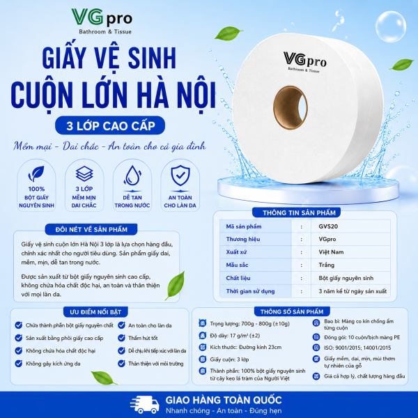 Giấy vệ sinh cuộn lớn Hà Nội 3 lớp là lựa chọn hàng đầu, chính xác nhất cho người tiêu dung. Sản phẩm giấy dai, mềm, mịn, dễ tan trong nước. Trong các dòng sản phẩm giấy, những dòng giấy 3 lớp có định lượng giấy nhỏ giấy rất mềm. Kết hợp cùng với đó việc sản xuất giấy từ bộ giấy nguyên sinh đảm bảo an toàn cho lan da người dùng. Đôi nét về giấy vệ sinh cuộn lớn Hà Nội 3 lớp Một số ưu điểm nổi bật của sản phẩm như: Chứa thành phần bột giấy nguyên chất Sản phẩm thương hiệu sản xuất bằng phôi cao cấp Không chứa các hóa chất độc hại cho sức khỏe Không gây kích ứng da An toàn cho làn da Thấm hút tốt Dễ chịu khi tiếp xúc với làn da Chất lượng giấy vệ sinh công nghiệp Hà Nội VGpro rất dai và mềm, phù hợp với gia đình dùng ạ, loại 3 lớp xịn xò nhất thị trường dòng giấy 3 lớp cuộn công nghiệp ạ