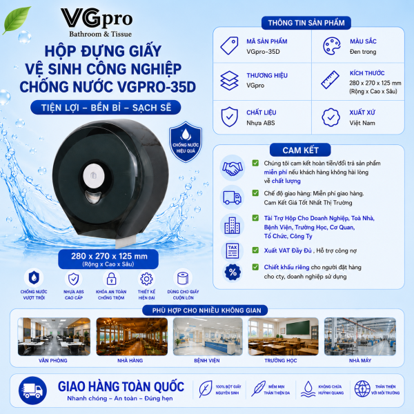 Hộp đựng giấy vệ sinh công nghiệp chống nước VGpro-35D màu đen, nhựa trong dễ quan sát giấy. Dòng hộp có 2 mầu dễ lựa chọn gồm trắng và đen. Giới thiệu hộp đựng giấy vệ sinh công nghiệp chống nước VGpro-35D Hộp đựng giấy VGpro-35D thiết kế hình giọt nước rất đẹp mắt. Các góc cạnh viền được bo tròn trịa, mềm mại. Toàn bộ thân hộp được làm từ chất liệu nhựa ABS. Khung hộp sau chắc chắn, có rãnh lắp vít tường với 3 vị trí. Vị trí cửa lấy giấy có rãnh răng cưa trợ giúp quá trình ngắt giấy dễ hơn. Bên cạnh đó thiết kế thuôn nhỏ dần đảm bảo cho giấy luôn nằm gần cửa lấy giấy. Hộp đựng giấy vệ sinh công nghiệp chống nước VGpro-35D được thiết kế gồm hai phần chính và một số phụ kiện gồm Thân hộp trước, bao gồm thân trước, khoá hộp, mặt kí hiệu khoá hộp và ô cửa quan sát; Thân hộp sau bao gồm thanh lõi treo giấy, thân đế hộp; Ngoài ra hộp còn có khoá hộp, ốc vít, vít nở gắn tường kèm theo.