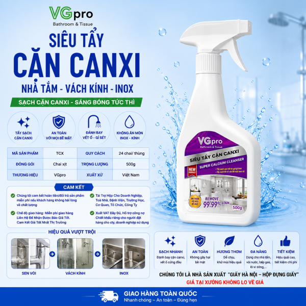 SIÊU TẨY CẶN CANXI Shop cam kết hoàn tiền nếu sử dụng không hiệu quả, đổi trả và hoàn tiền miễn phí 100% nếu hàng bị lỗi hỏng do nhà sản xuất hoặc do vận chuyển. Sử dụng TẨY CẶN CANXI VGpro cao cấp an toàn cho người sử dụng, công nghệ mới đánh bay mọi vết bẩn cặn canxi an toàn tuyệt đồi, đây là điểm lợi thế so với các sản phẩm khác trên thị trường! Dòng sản phẩm chất tẩy rửa này nhà mình đang có 2 loại : TẨY DẦU MỠ DÙNG CHO NHÀ BẾP, TẨY MỠ MÁY HÚT MÙI VÀ DÒNG SẢN PHẨM TẨY CẶN CANXI TẨY CẶN CANXI NHÀ TẮM VGpro an toàn cho người sử dụng kể cả đồ mạ hoặc dính vào tay hoặc rơi xuống sàn nhà cũng không hề hỏng gạch men,â sản phẩm có mùi thơm thơm rất dễ chịu, k như 1 số sản phẩm khác trên thị trường có thể làm hỏng gạch men khi bị rớt xuống sàn nhà tắm