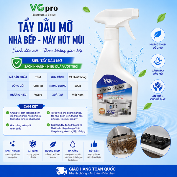 Nhà em đang chạy chương trình khuyến mại theo Công Ty ạ: ???MUA 1 CHAI TẶNG 2 CỌ XANH MỀM ??? – Trọng lượng : 500g – Thương hiệu: VGpro Xuất xứ: Việt Nam – Thành phần: Nước tinh khiết, hỗn hợp chất HDBM không ion, hỗn hợp điều chỉnh HP. *Ưu điểm của sản phẩm: ?Điểm mạnh: Dễ dàng sử dụng, đạt hiệu quả cao trong việc làm sạch dầu mỡ ( kể cả dầu mỡ bám két lâu ngày), sản phẩm thân thiệt với môi trường ? SIÊU TẨY DẦU MỠ NHÀ BẾP VGpro là sản phẩm thế hệ mới chuyên dùng làm sạch dầu mỡ đóng két lâu ngày trên màng lọc máy hút mùi, bếp ga, bếp từ, tường gạch ốp lát trắng bị dầu mỡ đóng két khó làm sạch… ?Dạng bình xịt đa năng tiện lợi giúp người dùng sử hiệu quả, bình xịt thiết kế phần cổ chai hiện đại giúp cầm chắc tay, thao tác dễ dàng VỆ SINH NHÀ BẾP, dễ dàng vệ sinh đồ dùng, dụng cụ ?Chỉ vài phút TẨY DẦU MỠ VGpro với sức mạnh ưu việt phá vỡ các cấu trúc phân tử của dầu, mỡ khiến cho liên kết bám dính của dầu mỡ trên bề mặt xoong nồi, bếp ga, bếp từ đến lọc máy hút mùi… bị đánh bại ?Trên sản phẩm NƯỚC TẨY DẦU MỠ MÁY HÚT MÙI có dán hướng dẫn sử dụng, thông tin về sản phẩm về NƯỚC TẨY DẦU MỠ NHÀ BẾP