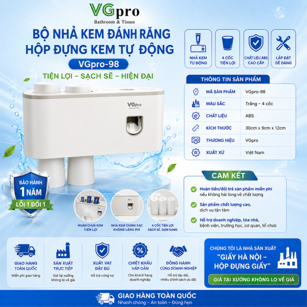 ❤️❤️ Bộ Nhả Kem Đánh Răng Tự Động loại 4 cốc ❤️❤️ ( SẢN PHẨM ĐÃ BAO GỒM MIẾNG DÁN TƯỜNG BẢO HÀNH 1 NĂM ) Thông tin chi tiết: – Lắp đặt dính tường hoặc khoan ốc vít – Chất liệu: Nhựa ABS – Kích thước bộ 4 cốc : 30cm x 9cm x 12cm – Có 4 chỗ cài bàn chải – Cầu tạo: Đặc biệt hơn hẳn so với sản phẩm thông thường khác, Bộ nhả kem đánh răng 4 cốc này khách hàng có thể lựa chọn khoan tường hoặc miếng dán ( sản phẩm có kèm sẵn miếng dán mà k cần khoan tường ạ) – Màu sắc: Trắng xám hiện đại và trang nhã – Sản phẩm gồm: 1 Kệ nhà tắm tích hợp chức năng lấy kem tự động + Cốc hút từ tính + miếng dán tường