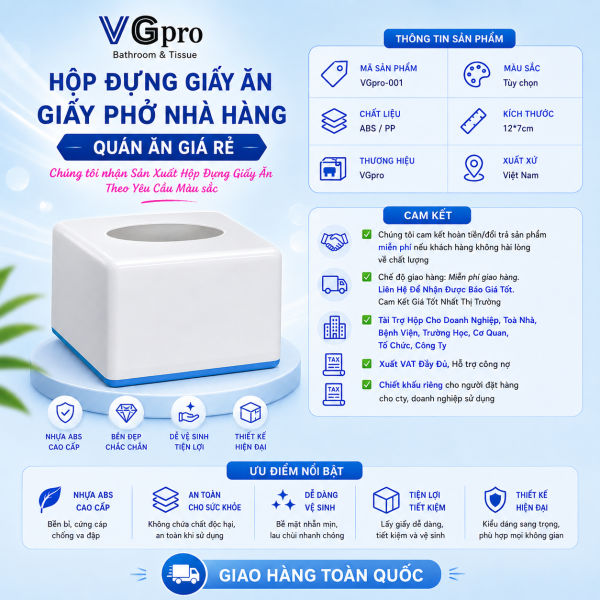 Hộp đựng giấy ăn VGpro-001 sản phẩm được sản xuất trên dây chuyền công nghệ hiện đại, mẫu mã cơ bản, tiện ích, giá rất phải chăng Hộp giấy ăn để bàn này chúng tôi ưu tiên hàng đặt theo số lượng Sản phẩm phù hợp dùng đựng giấy ăn rút khổ 10*10cm , giấy phở trong các quán ăn, nhà hàng…..