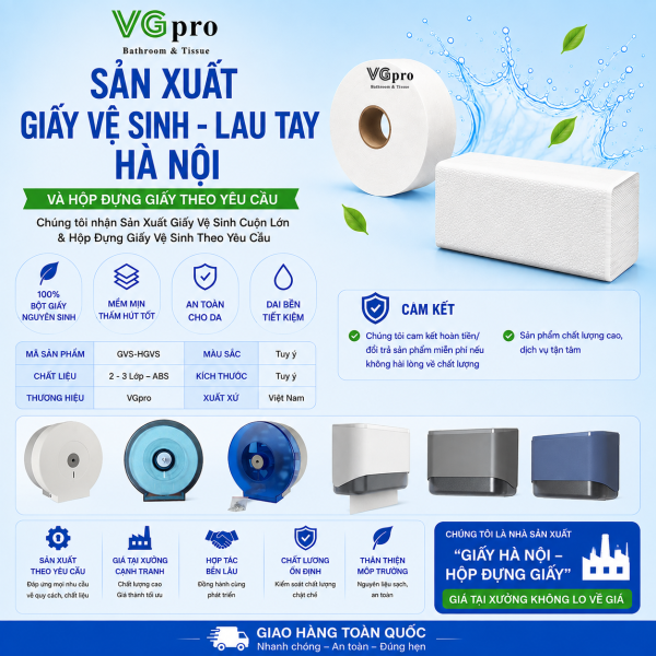 Chúng tôi nhận Sản Xuất Giấy Vệ Sinh Cuộn Lớn & Hộp Đựng Giấy Vệ Sinh Theo Yêu Cầu Liên hệ hotline: 0965.918.262 để được hỗ trợ giá tốt nhất Giấy vệ sinh Hà Nội với thành phần từ bột giấy nguyên sinh, an toàn cho da. Giấy vệ sinh cuộn lớn Hà Nội 2 lớp 1kg không mùi, mềm mại, thấm hút tốt, dùng để vệ sinh cá nhân, lau chùi các bề mặt, vật dụng,…trong gia đình, văn phòng. Sản phẩm thiết yếu, đa năng và tiện lợi Giấy vệ sinh cuộn lớn Hà Nội được nhiều công ty, gia đình tin dùng, chất giấy mịn không bột, giấy vệ sinh có 2 lớp mịn màng. Khả năng thấm hút tối đa, thích hợp sử dụng trong nhà vệ sinh, bếp và các hoạt động khác. Giấy vệ sinh cuộn lớn đựng trong hộp đựng giấy để được bảo vệ giấy được tốt nhất, k sợ thất thoát giấy, ẩm mốc, ướt, tiết kiệm chi phí cho doanh nghiệp, tiện ích với gia đình…. Hộp đựng giấy vệ sinh công nghiệp sản xuất trên dây chuyển công nghệ hiện đại, nhựa nguyên sinh, độ bền > 5 năm