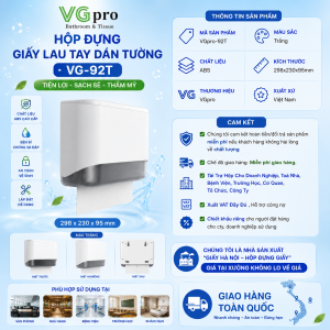 Hộp đựng giấy lau tay VG-92T là một trong những mã hộp mới, kiểu dáng đẹp, tính năng vượt trội. Hộp lau tay VG-92T vừa dễ sử dụng vừa tạo không gian sạch đẹp, sang trọng tô điểm thêm cho không gian vệ sinh. 5 Lý do nên sử dụng hộp đựng giấy lau tay VG-92T Bất kì một sản phẩm nào sẽ luôn luôn có ưu, nhược điểm của riêng nó. Và, ưu điểm của hộp VG-92T có thể là giải pháp giúp cho bạn tiết kiệm được không ít thời gian cũng như chi phí phát sinh. Thiết kế đẹp, đảm bảo kín nước trách tối đa giấy bị ướt, Hộp có cửa quan sát giấy rất lớn đảm bảo quan sát giấy rất dễ dàng, Khoá hộp chắc chắn, không lo giấy có chân chạy ra ngoài hộp, Kích thước hộp lớn có thể chứa 250 tờ giấy lau tay khổ 20x24cm, Chất liệu nhựa ABS bền theo thời gian, dễ vệ sinh sạch sẽ.