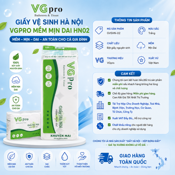 Giấy vệ sinh cuộn nhỏ Hà Nội không lõi, có lõi VGpro 4 lớp dày dặn mềm mịn 10 cuộn + khuyến mại 1 gói giấy ăn THÔNG TIN CHI TIẾT: – 1 Xách 10 cuộn + KM 1gói GA – Phân loại: Có lõi và không lõi – Giấy 4 lớp dày dặn, bề mặt giấy mềm mịn an toàn cho mọi loại da – Nguyên liệu: 100% bột gỗ nguyên chất – Khăn giấy cuộn không chất tẩy trắng, không chất bảo quản, không hương liệu, không ô nhiễm môi trường – Giấy có độ dai tự nhiên, không gây kích ứng nên phù hợp với cả làn da nhạy cảm. – Giấy mềm, dễ tan trong nước, có khả năng tự hoại không gây tình trạng tắc – Khăn giấy được sản xuất trên dây chuyền công nghệ hiện đại, không sử dụng hóa chất và vô cùng thân thiện với môi trường.