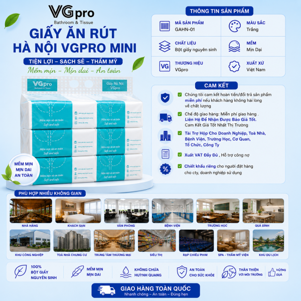 GIẤY ĂN RÚT HÀ NỘI VGPRO – Nguyên liệu: 100% bột gỗ nguyên chất – Hạn sử dụng: 5 năm kể từ ngày sản xuất – Tiêu chuẩn 4K: + Không chất tẩy trắng + Không chất bảo quản: không chứa bất kì hóa chất, tạp chất gì gây ảnh hưởng đến da + Không hương liệu: giấy ăn có hương thanh nhẹ của gỗ từ nhiên + Không ô nhiễm môi trường: giấy được làm từ 100% bột gỗ nguyên chất dễ dàng phân huỷ, không ô nhiễm môi trường