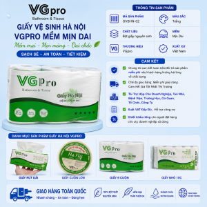 Giấy vệ sinh cuộn nhỏ 6 cuộn Hà Nội không lõi, có lõi VGpro 4 lớp dày dặn mềm mịn THÔNG TIN CHI TIẾT: – 1 Xách 6 cuộn – Phân loại: Có lõi và không lõi – Giấy 4 lớp dày dặn, bề mặt giấy mềm mịn an toàn cho mọi loại da – Nguyên liệu: 100% bột gỗ nguyên chất – Khăn giấy cuộn không chất tẩy trắng, không chất bảo quản, không hương liệu, không ô nhiễm môi trường – Giấy có độ dai tự nhiên, không gây kích ứng nên phù hợp với cả làn da nhạy cảm. – Giấy mềm, dễ tan trong nước, có khả năng tự hoại không gây tình trạng tắc – Khăn giấy được sản xuất trên dây chuyền công nghệ hiện đại, không sử dụng hóa chất và vô cùng thân thiện với môi trường.